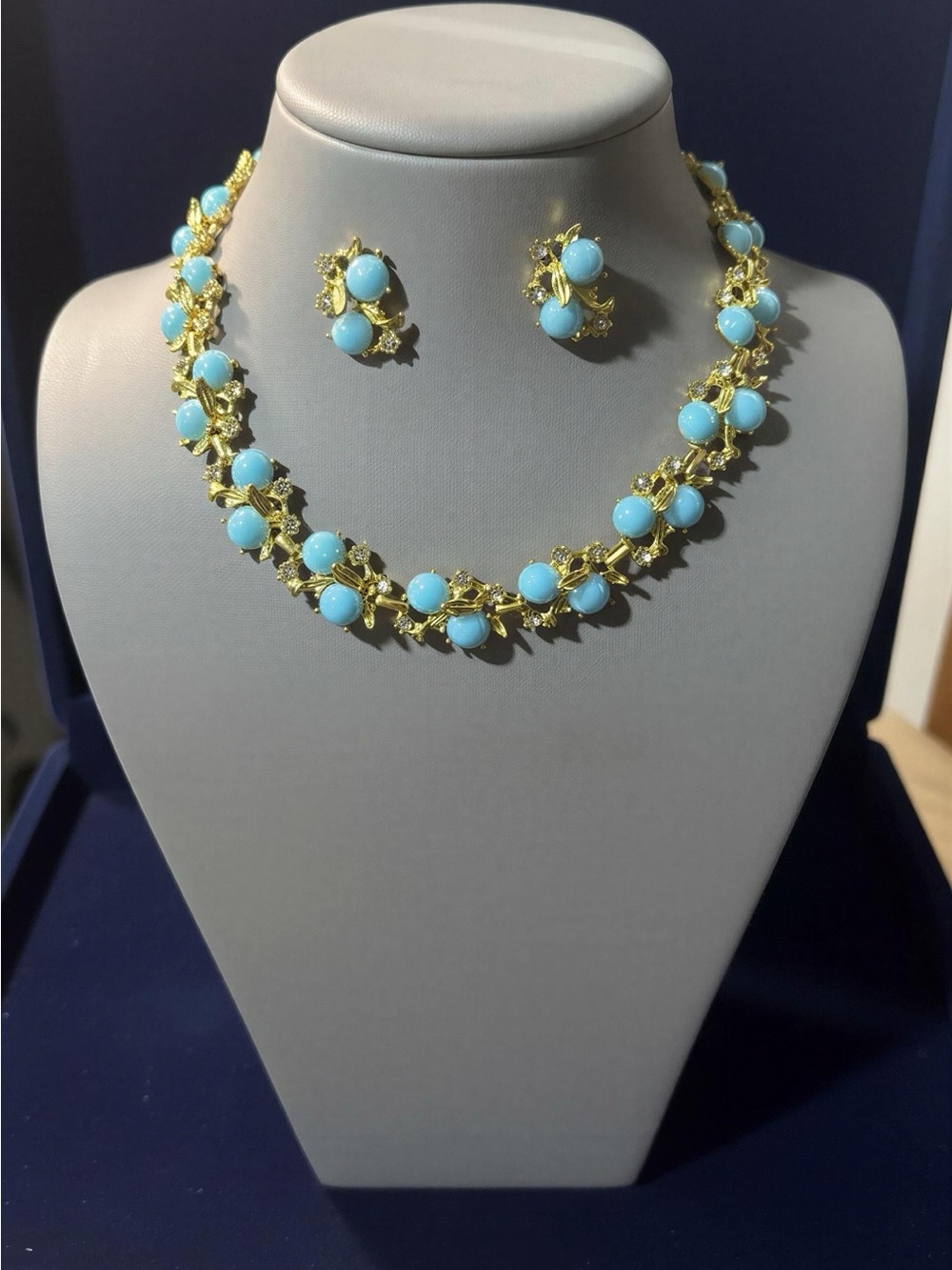 Fashion Jewelry Gold-Tone Necklace and Earring Set with Light Blue Cabochons